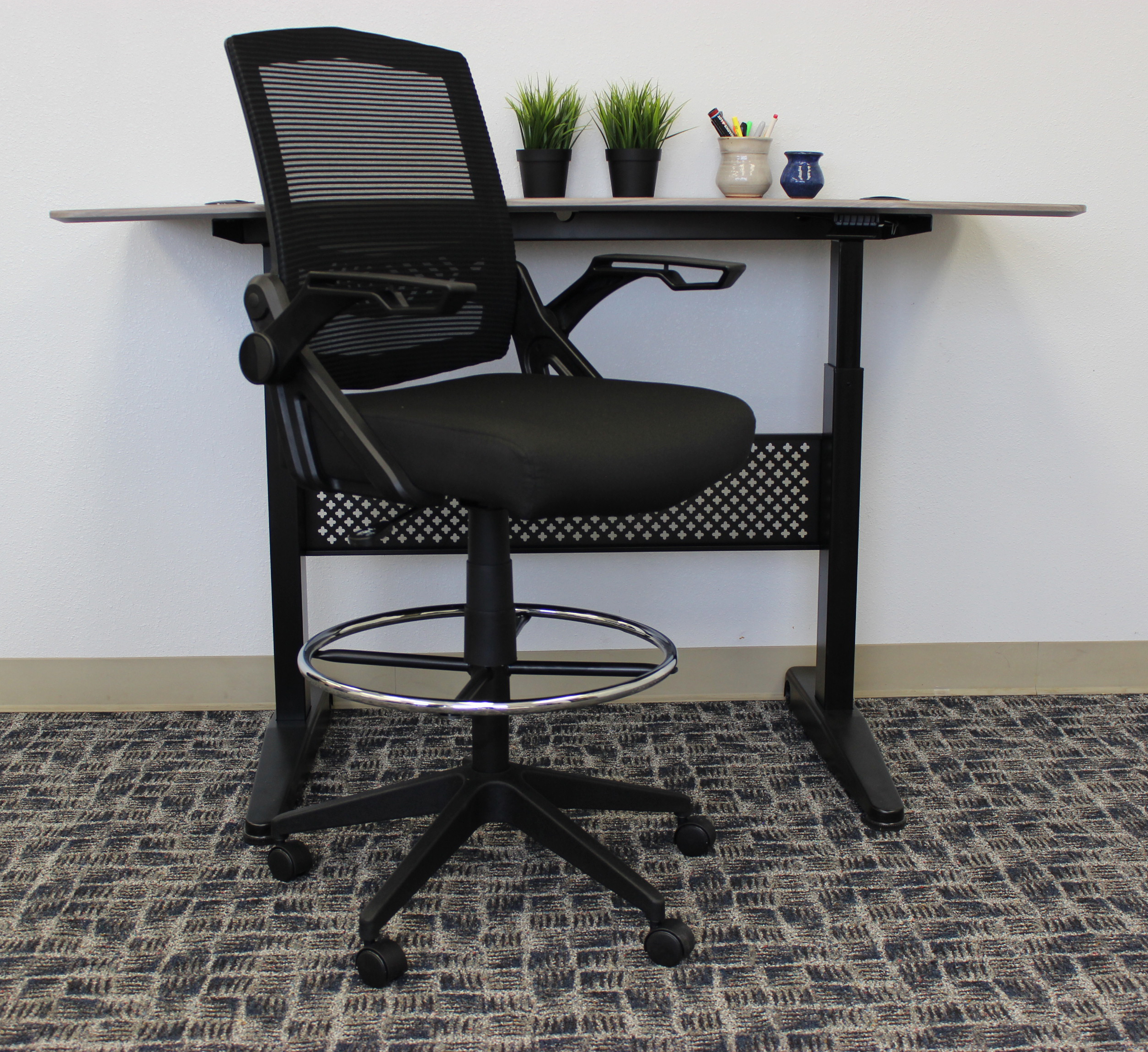 Boss Office NTR AM Vinyl Flip Arm Mesh Drafting Stool, Black - Image 3