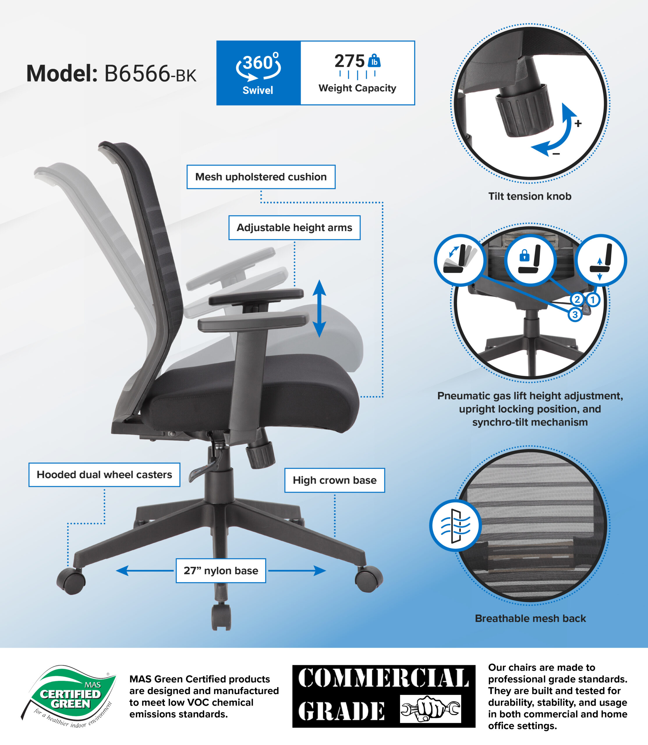Boss Horizontal Mesh Back Task Chair,  Synchro-Tilt Mechanism - Image 2