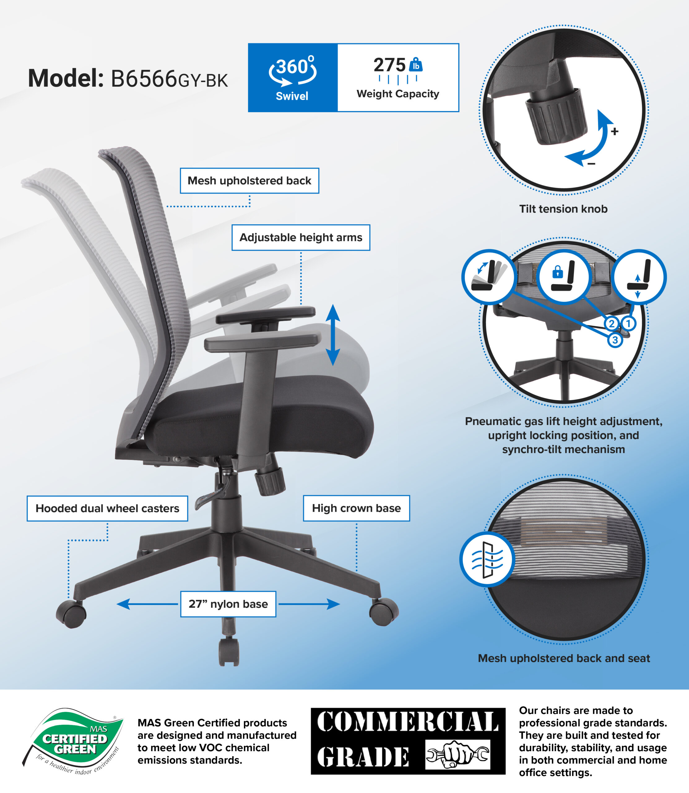 Boss Horizontal Mesh Back Task Chair,  Synchro-Tilt Mechanism - Image 2