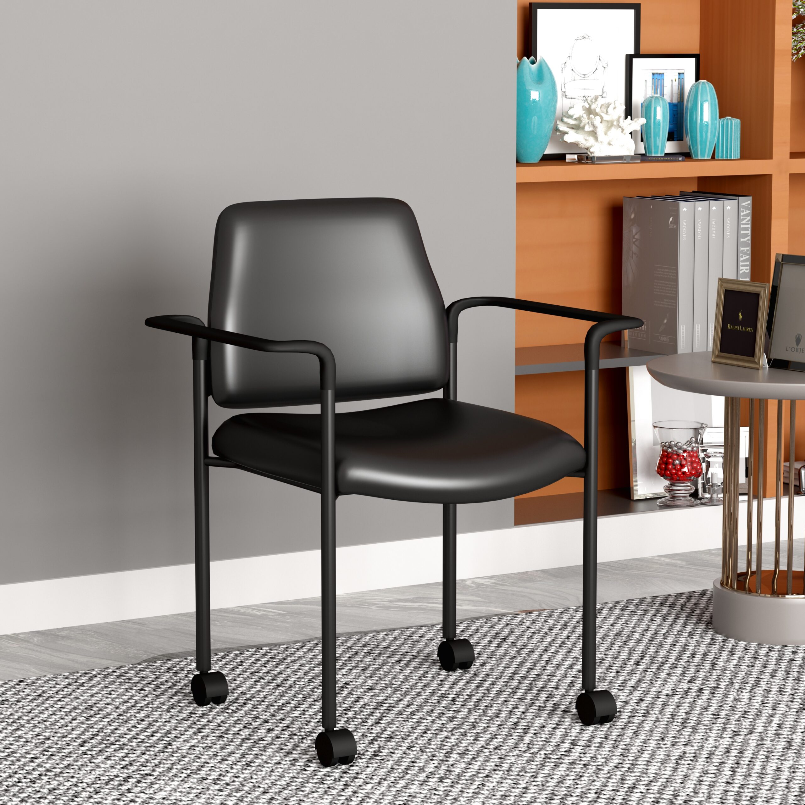 Boss Square Back Diamond Stacking Chair W/Arm and Casters In Black Caressoft Vinyl - Image 8