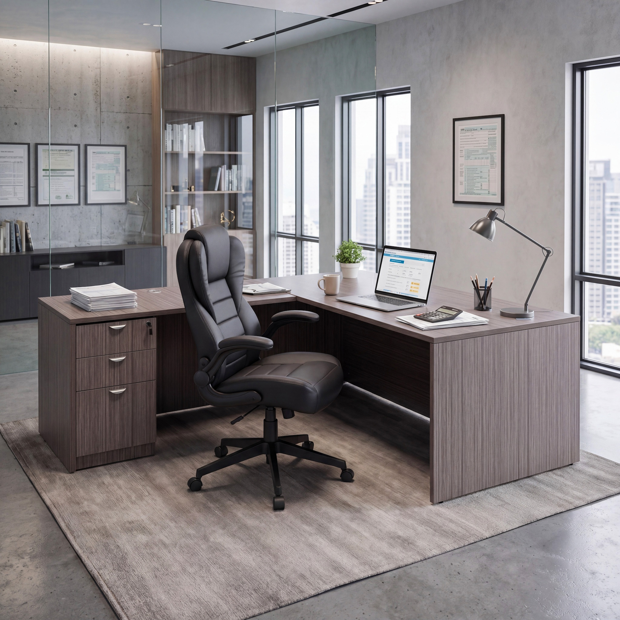 Boss  71 Inch Desk, Executive L-Shape Corner Desk with File Storage Pedestal, Driftwood - Image 3