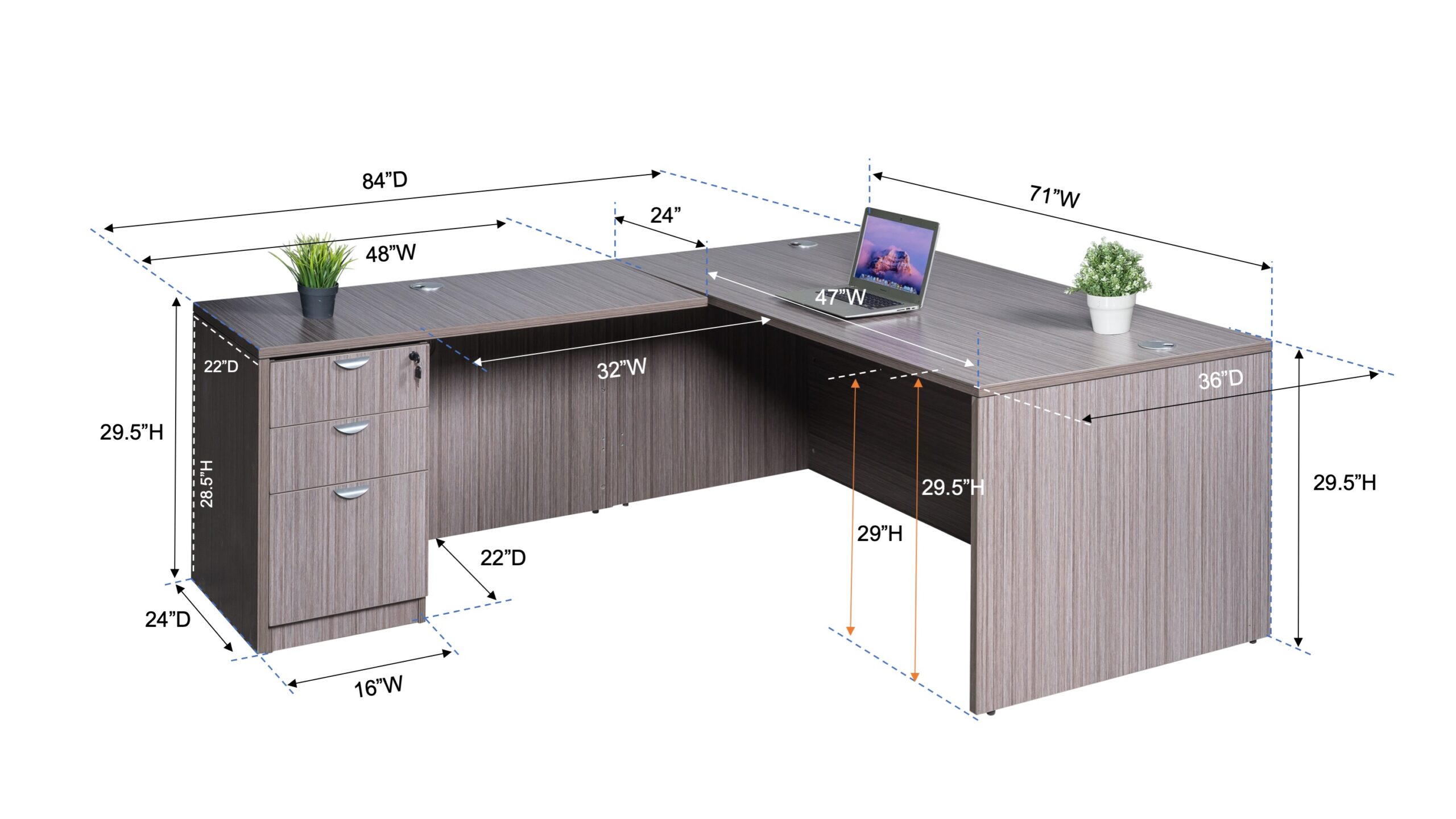 Boss  71 Inch Desk, Executive L-Shape Corner Desk with File Storage Pedestal, Driftwood - Image 2