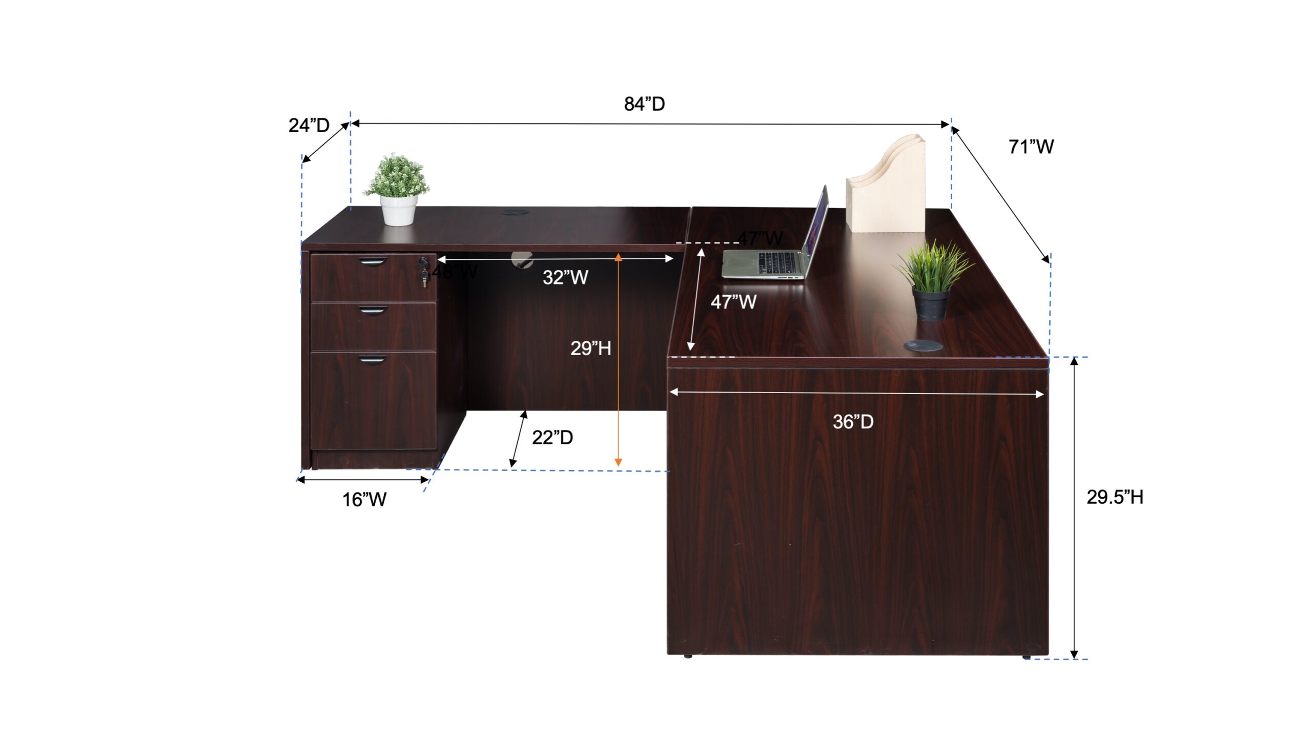 Boss  71 Inch Desk, Executive L-Shape Corner Desk with File Storage Pedestal, Mahogany - Image 2