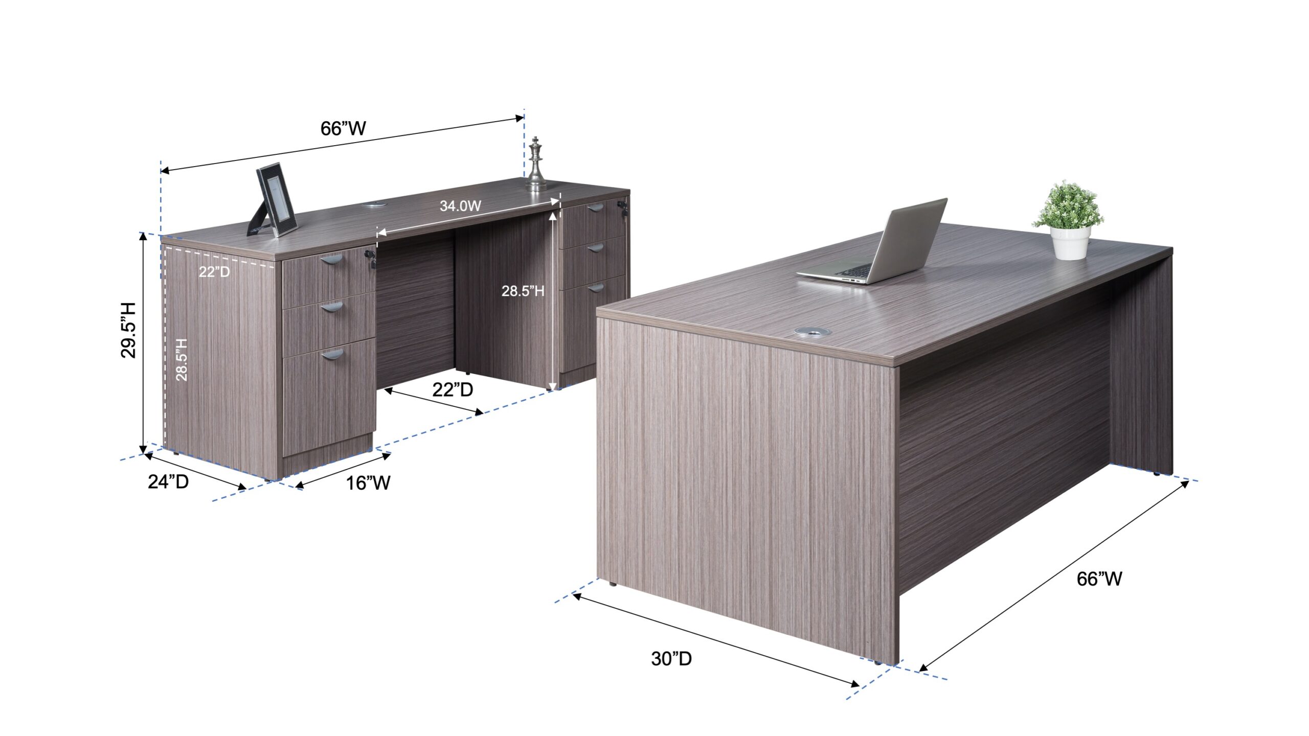 Boss  Office Suite, 66 Inch Desk and Credenza with Dual File Storage Pedestals, Driftwood - Image 2