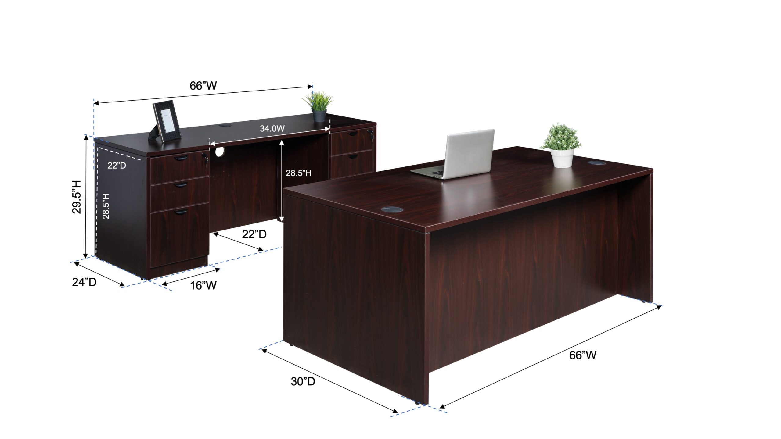 Boss  Office Suite, 66 Inch Desk and Credenza with Dual File Storage Pedestals, Mahogany - Image 2