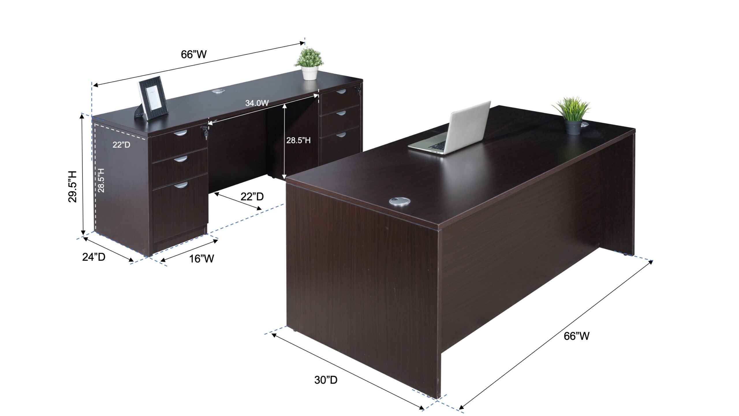 Boss  Office Suite, 66 Inch Desk and Credenza with Dual File Storage Pedestals, Mocha - Image 2