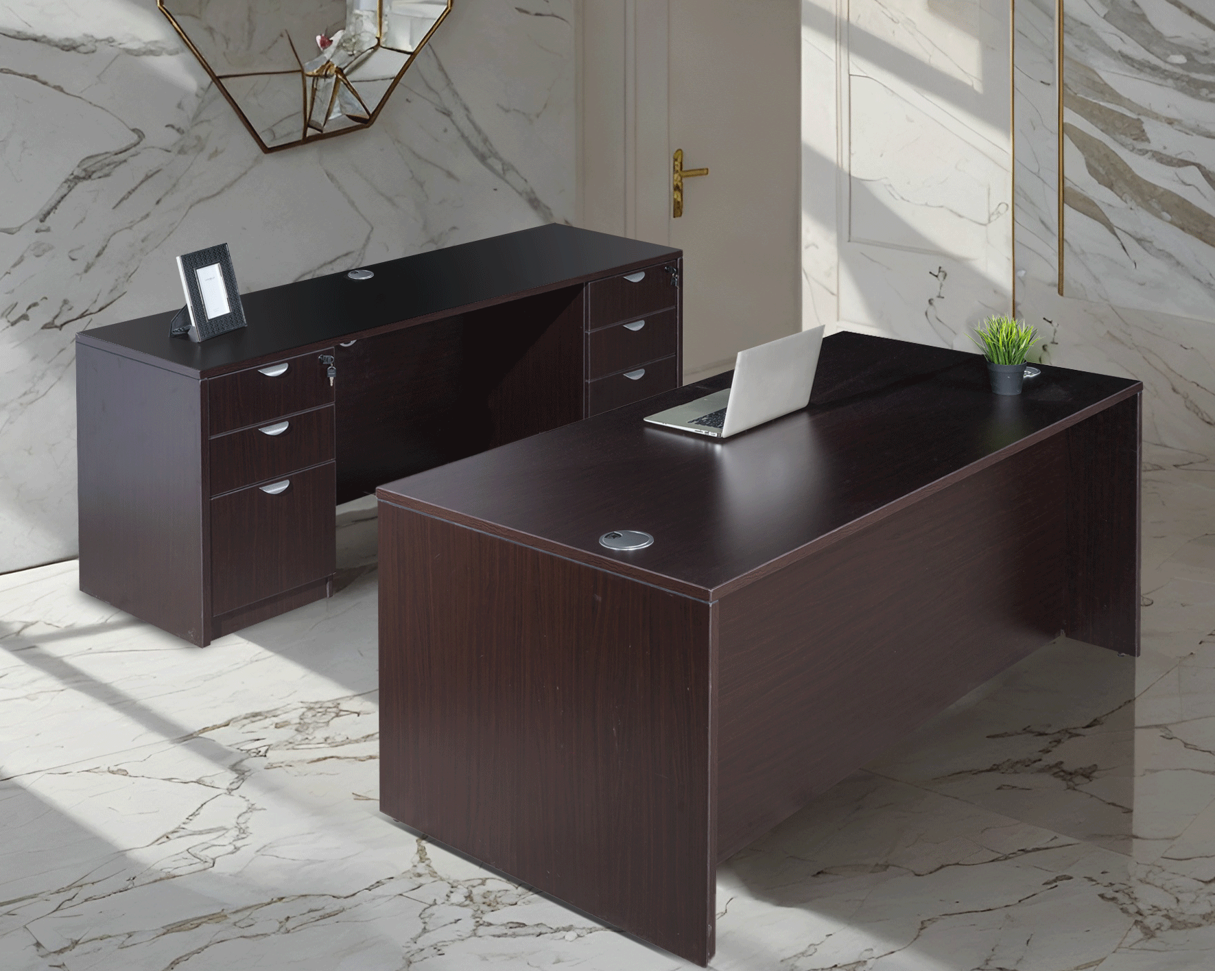 Boss  Office Suite, 66 Inch Desk and Credenza with Dual File Storage Pedestals, Mocha - Image 3