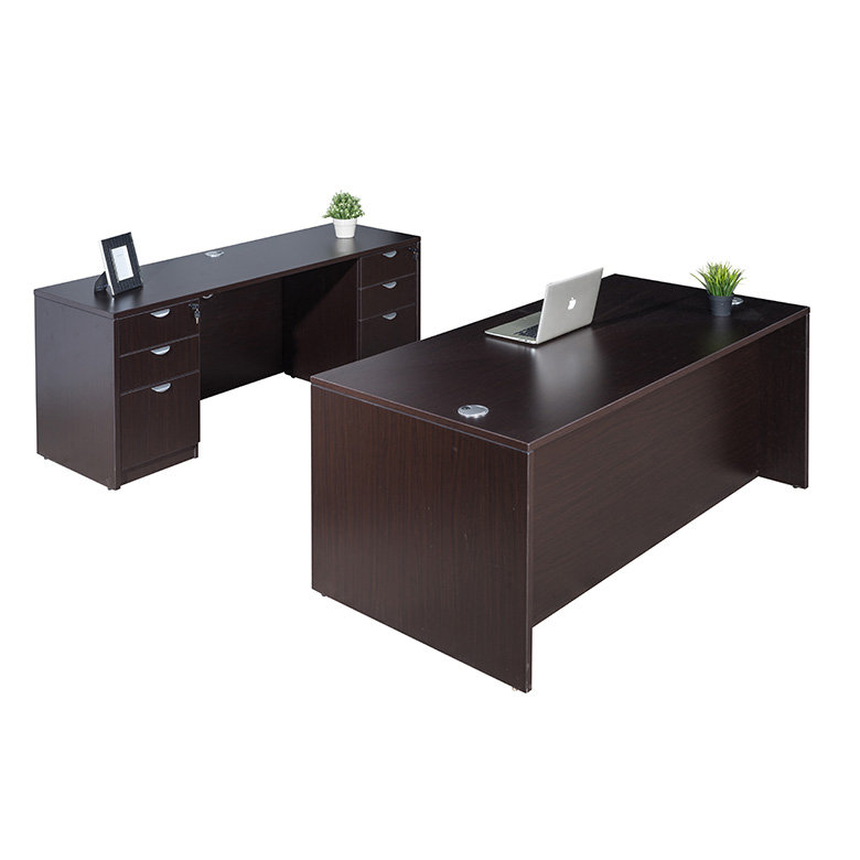 Boss  Office Suite, 66 Inch Desk and Credenza with Dual File Storage Pedestals, Mocha