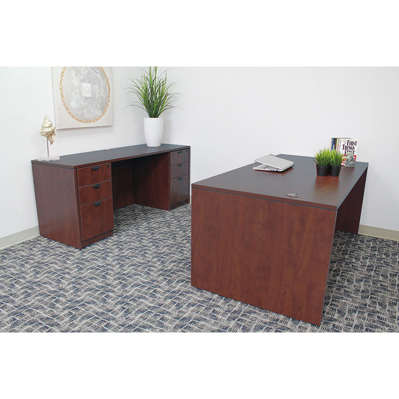 Boss  Office Suite, 66 Inch Desk and Credenza with Dual File Storage Pedestals, Mahogany