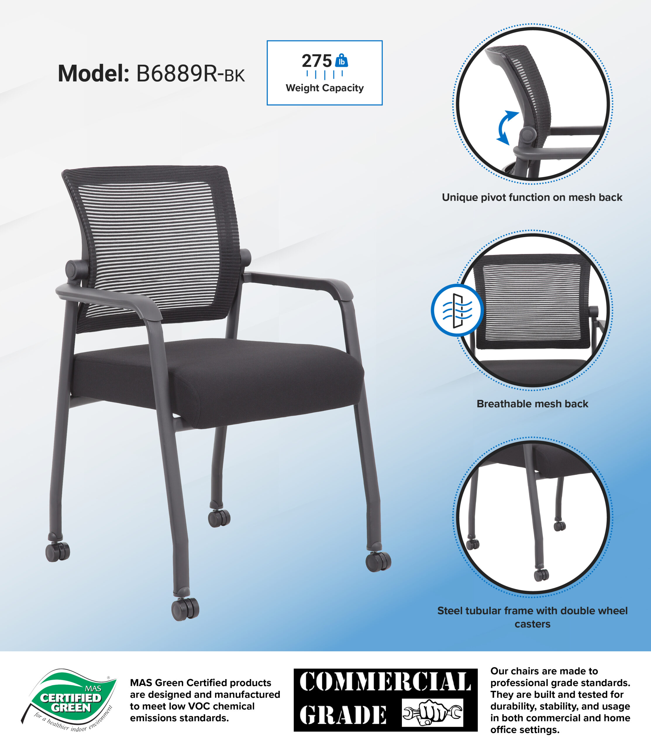 Boss Linear Mesh 4-Legged Guest Chair w/ Casters - Image 10