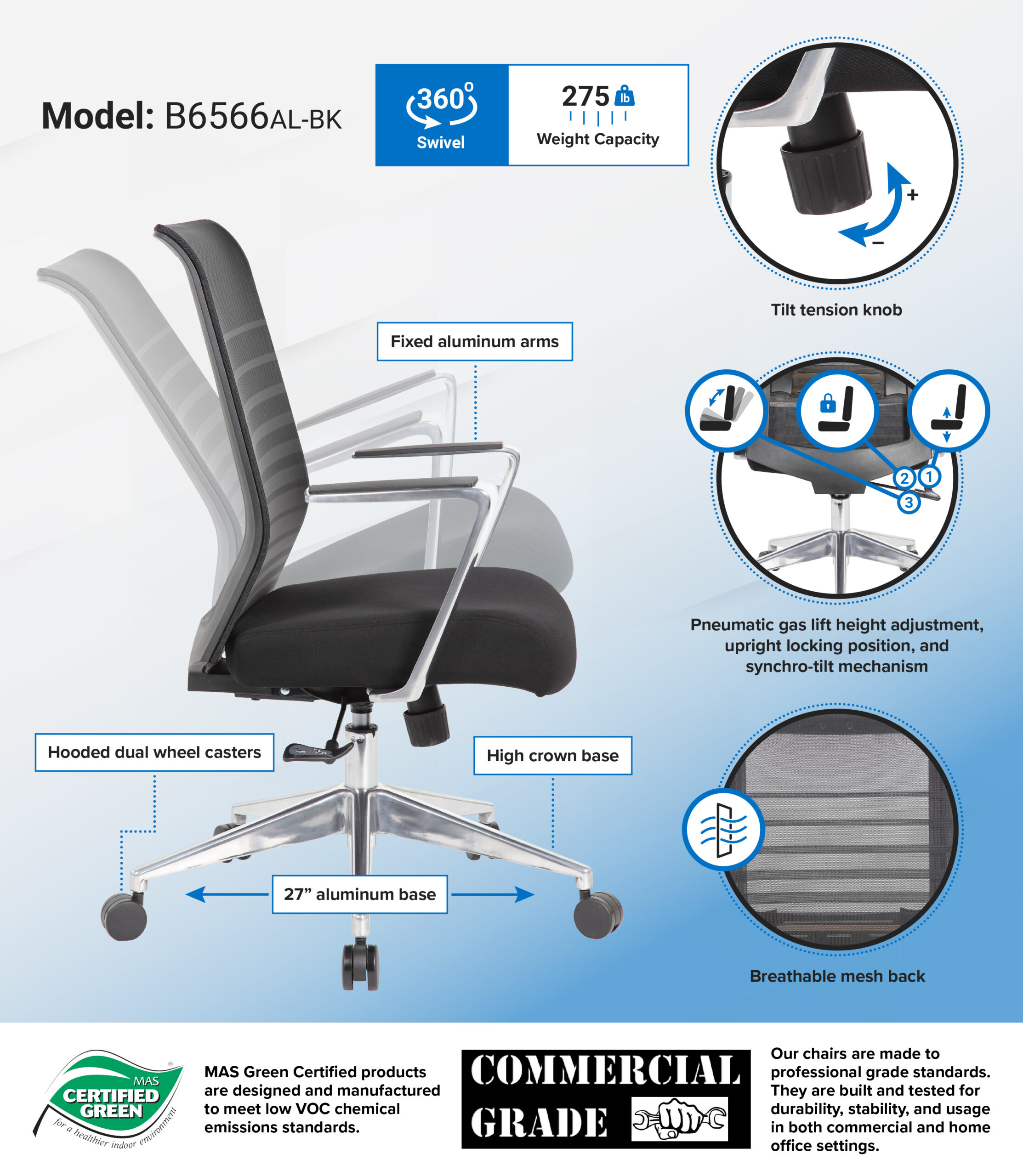 Boss Horizontal Mesh Back Task Chair, Aluminum Arms/Base - Image 2