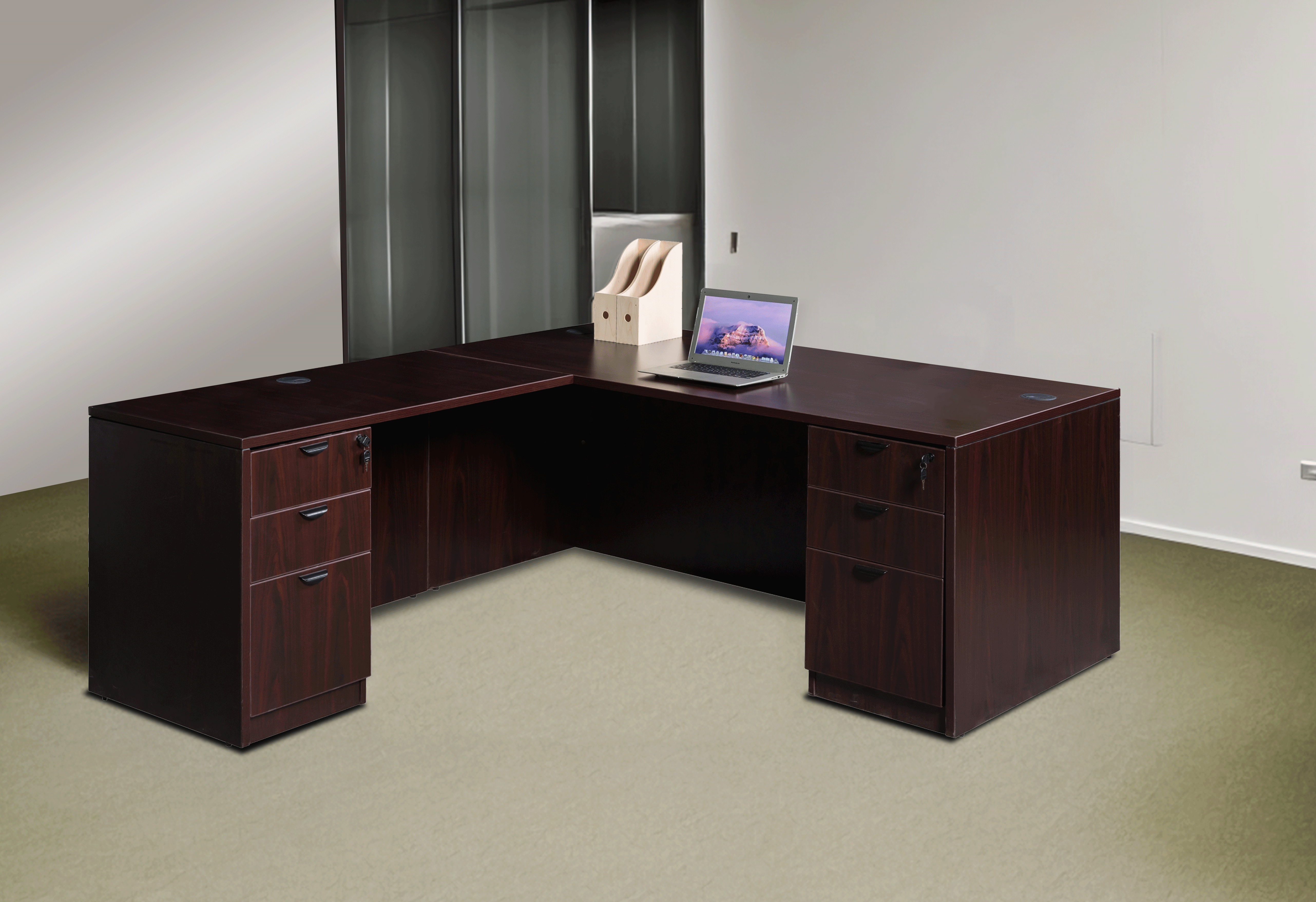 Boss  71 Inch Executive L-Shape Corner Desk with Dual File Storage Pedestals, Mahogany - Image 2