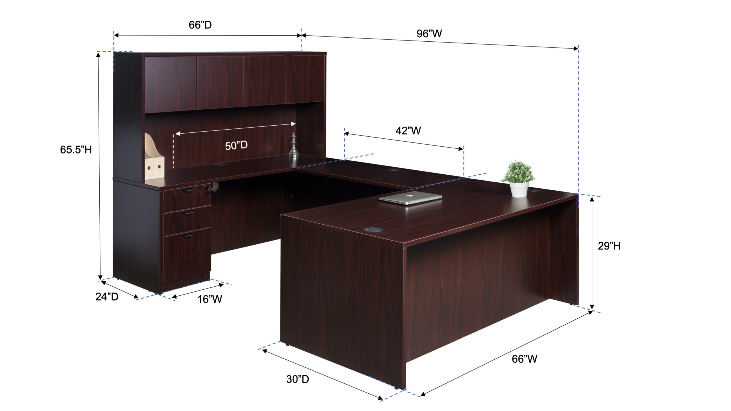 Boss  66 Inch Executive U-Shape Desk with File Storage Pedestal and Hutch, Mahogany - Image 2