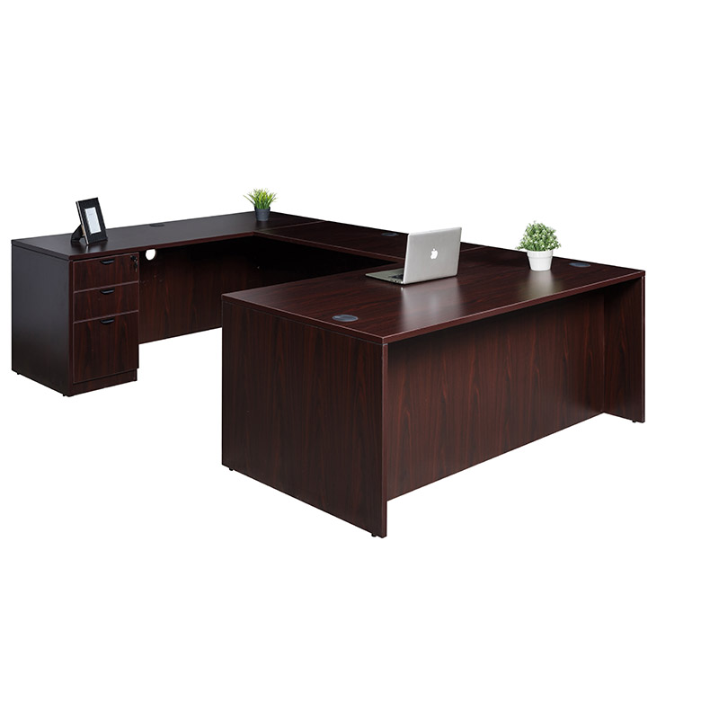 Boss  66 Inch Executive U-Shape Desk with File Storage Pedestal, Mahogany