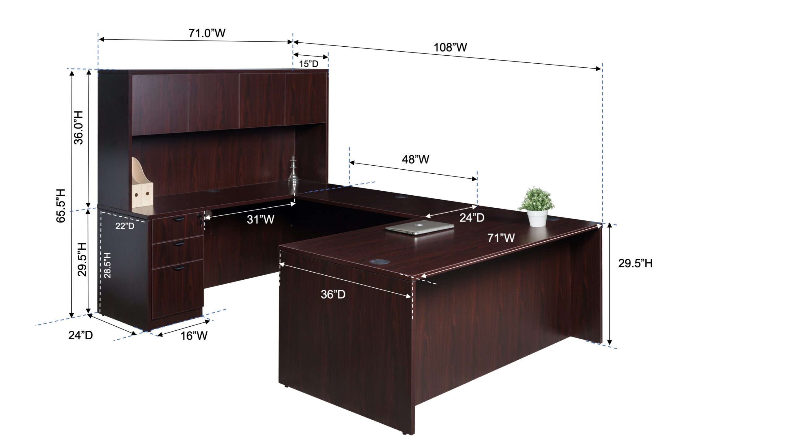 Boss  71 Inch Executive U-Shape Desk with File Storage Pedestal and Hutch, Mahogany - Image 2