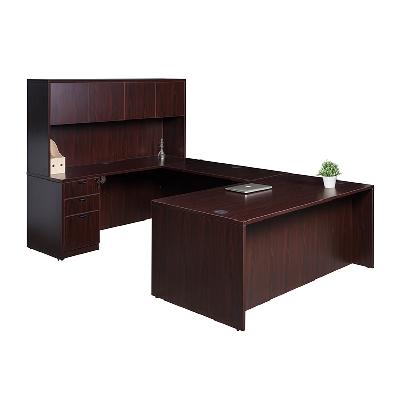 Boss  66 Inch Executive U-Shape Desk with File Storage Pedestal and Hutch, Mahogany