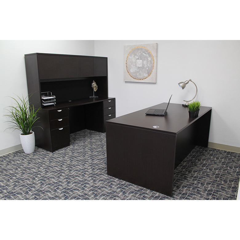 Boss  66 Inch Executive Office Suite with 2 File Storage Pedestals, Credenza and Hutch, Mocha