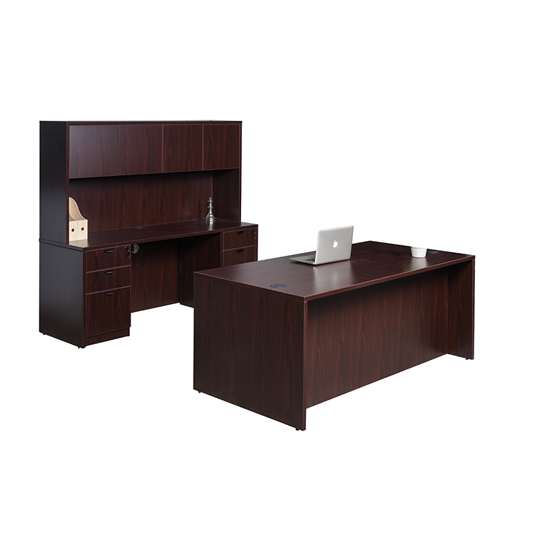 Boss  66 Inch Executive Office Suite with 2 File Storage Pedestals, Credenza and Hutch, Mahogany