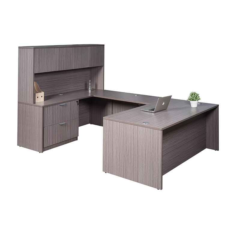 Boss 66 Inch Executive U-Shape Desk with Lateral File and Hutch, Driftwood