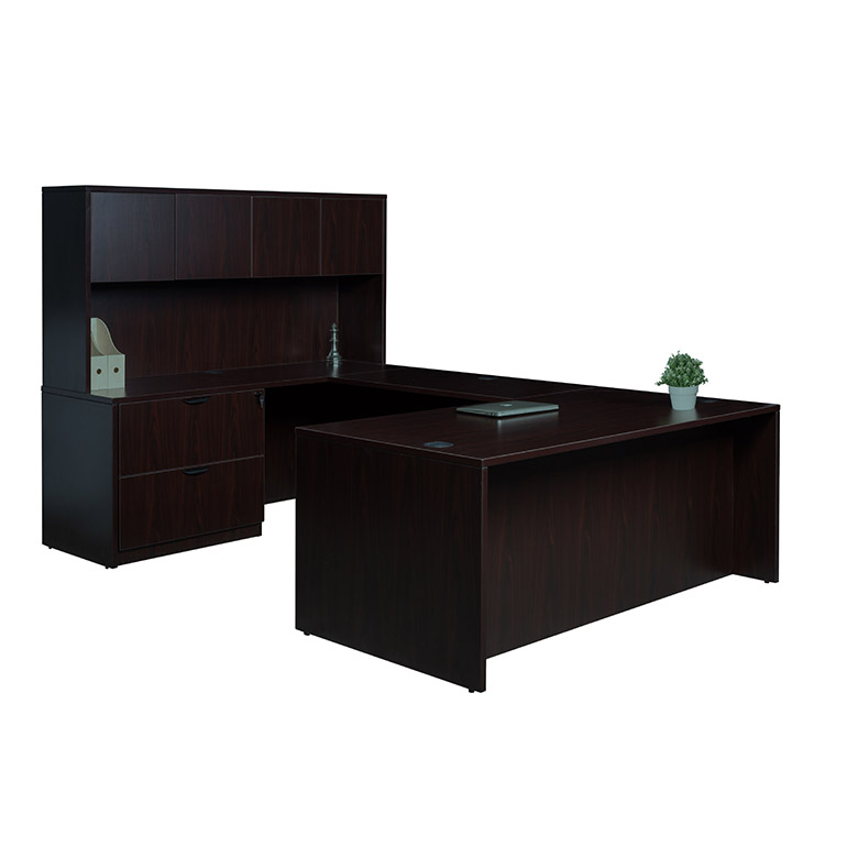 Boss 66 Inch Executive U-Shape Desk with Lateral File and Hutch, Mocha