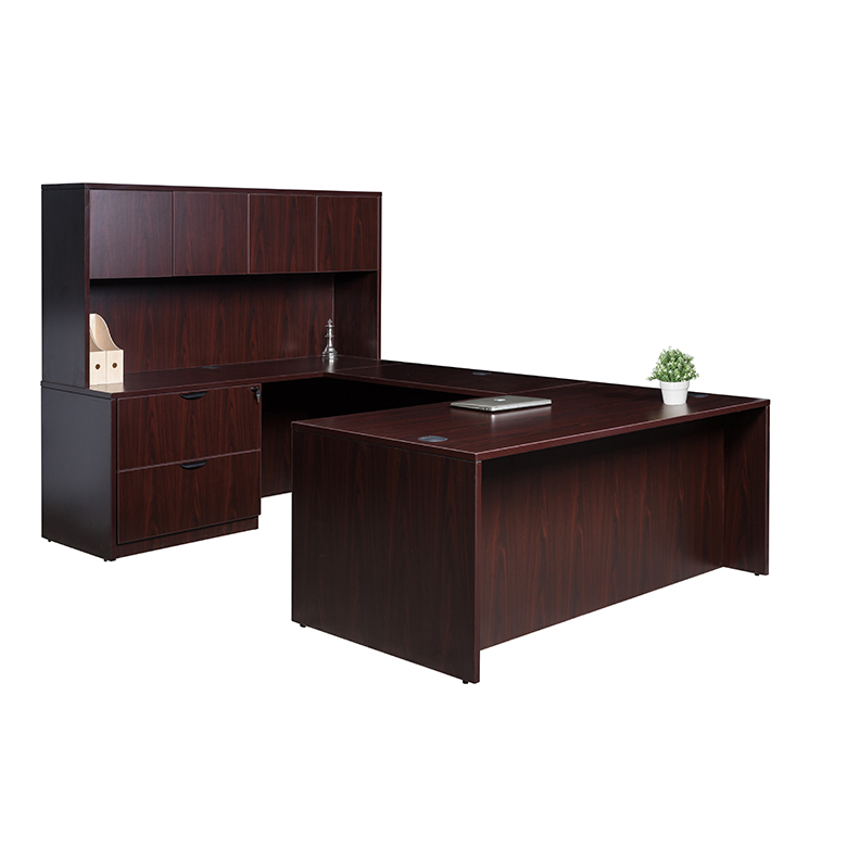 Boss 66 Inch Executive U-Shape Desk with Lateral File and Hutch, Mahogany