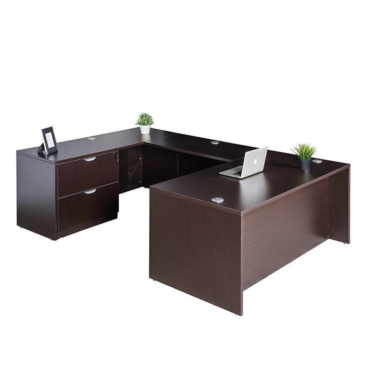 Boss 66 Inch Executive U-Shape Desk with Lateral File and Credenza, Mocha