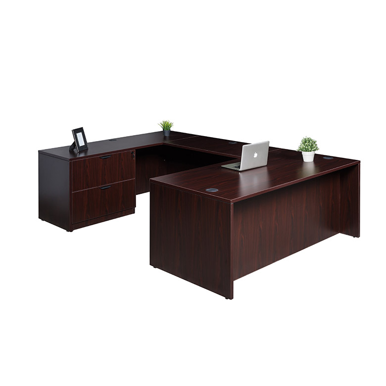 Boss 66 Inch Executive U-Shape Desk with Lateral File and Credenza, Mahogany