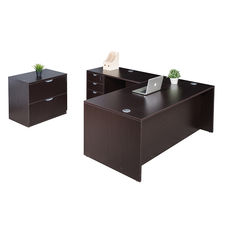 Boss 71 Inch Desk, Executive L-Shape Corner Desk with File Storage Pedestal and Lateral File, Mocha