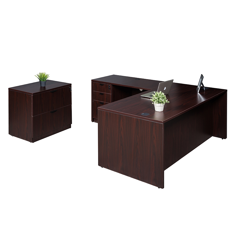 Boss 71 Inch Desk, Executive L-Shape Corner Desk with File Storage Pedestal and Lateral File, Mahogany