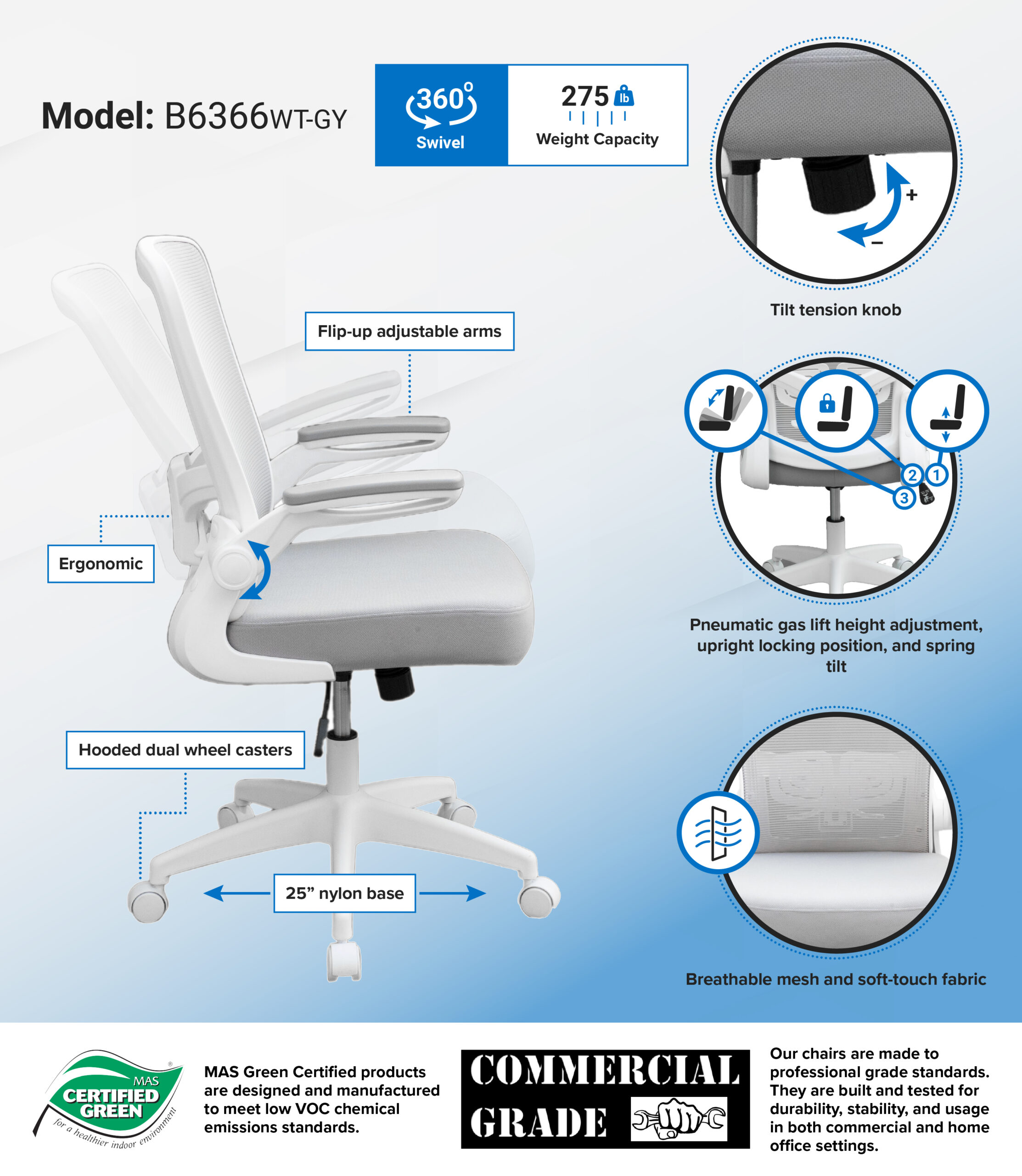 Boss Grey Mesh, Flip Arm, Task Chair, White Frame - Image 7