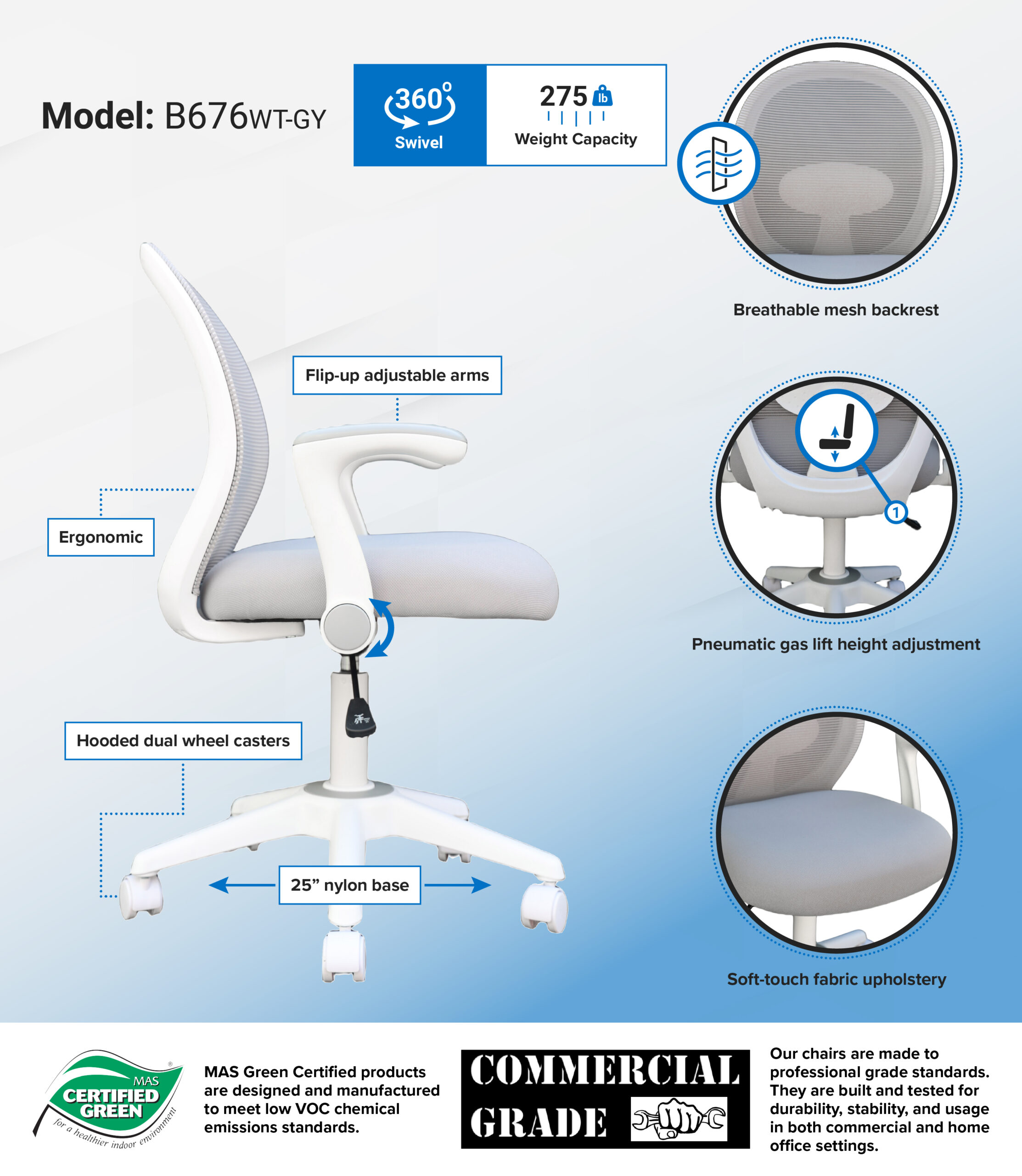 Boss Grey Mesh, Flip Arm, Task Chair, White Frame - Image 6