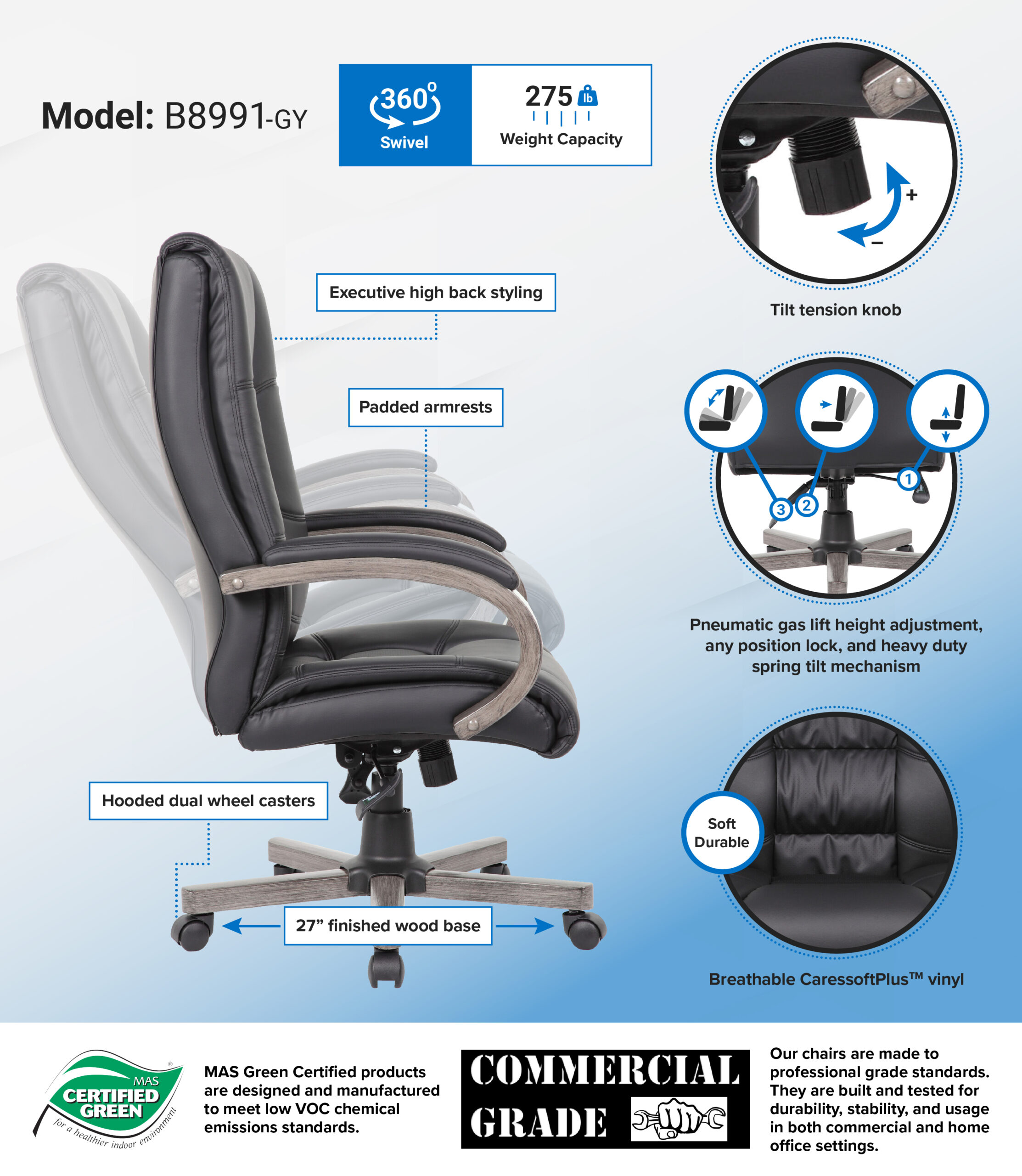 Boss High Back Executive Wood Finished Chairs, Grey - Image 8