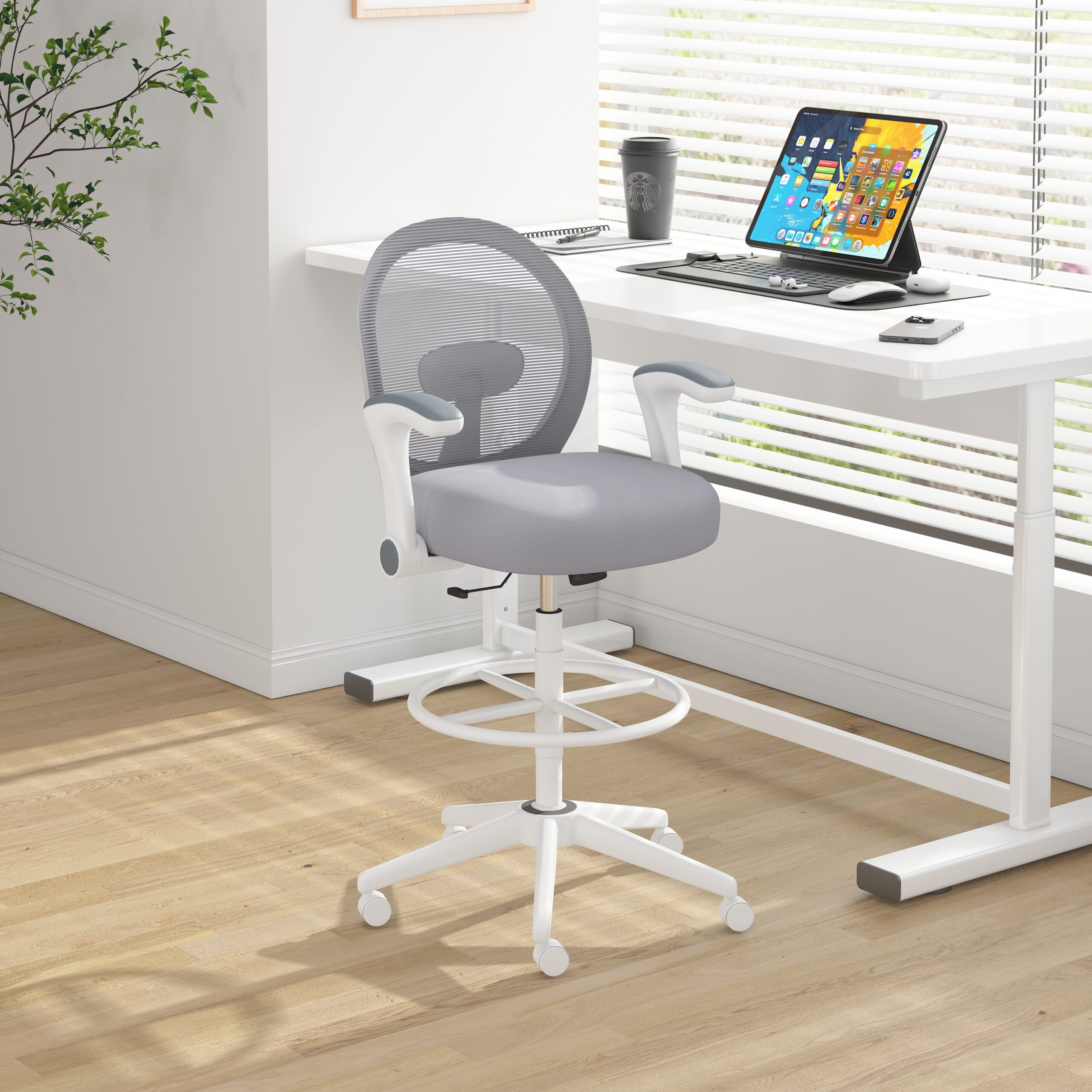 Boss Grey Mesh, Flip Arm, Stool, White Frame - Image 7
