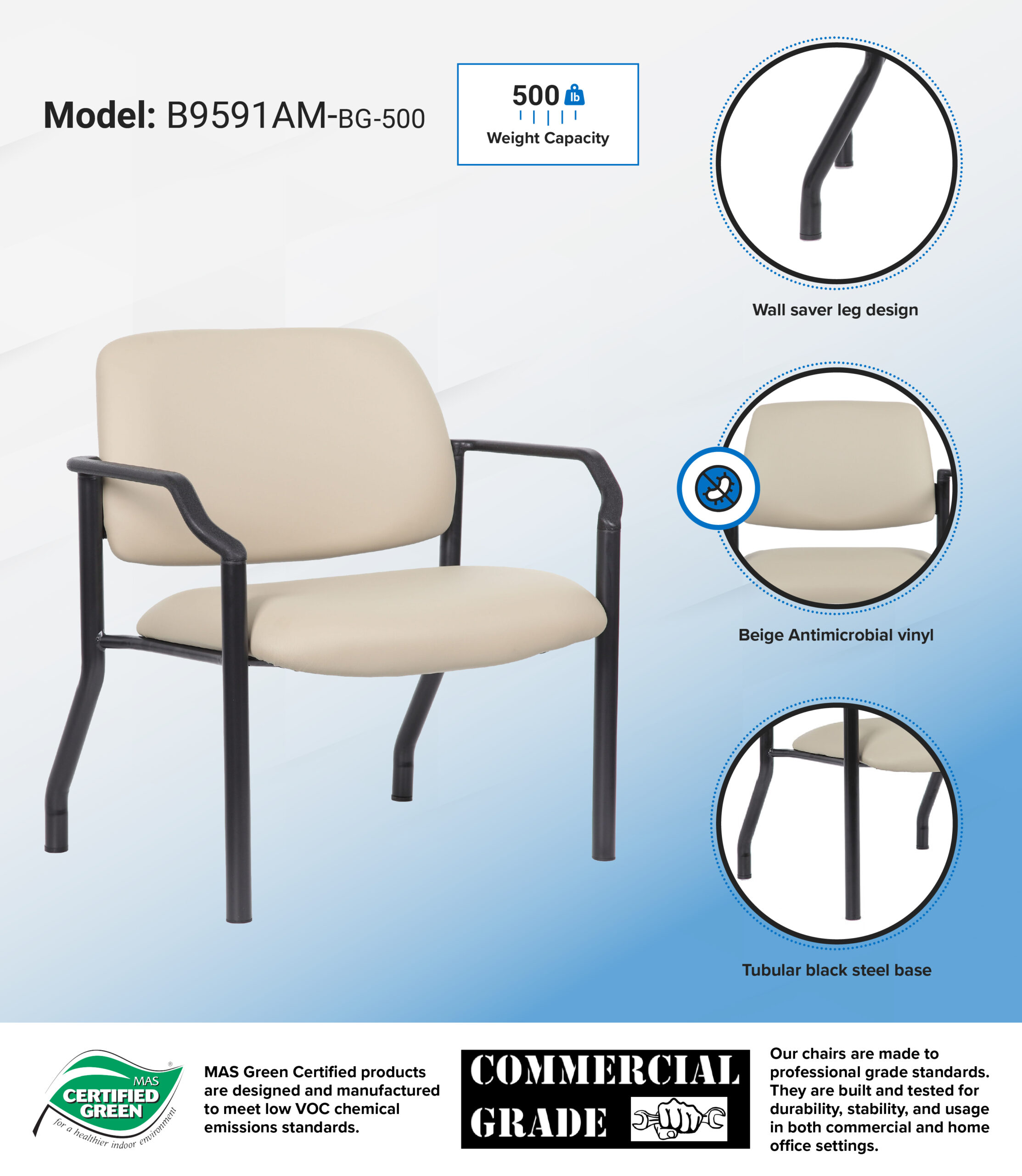 Boss Chair Mid Back Guest Chair, 500 lb capacity, Antimicrobial Vinyl, Beige - Image 3