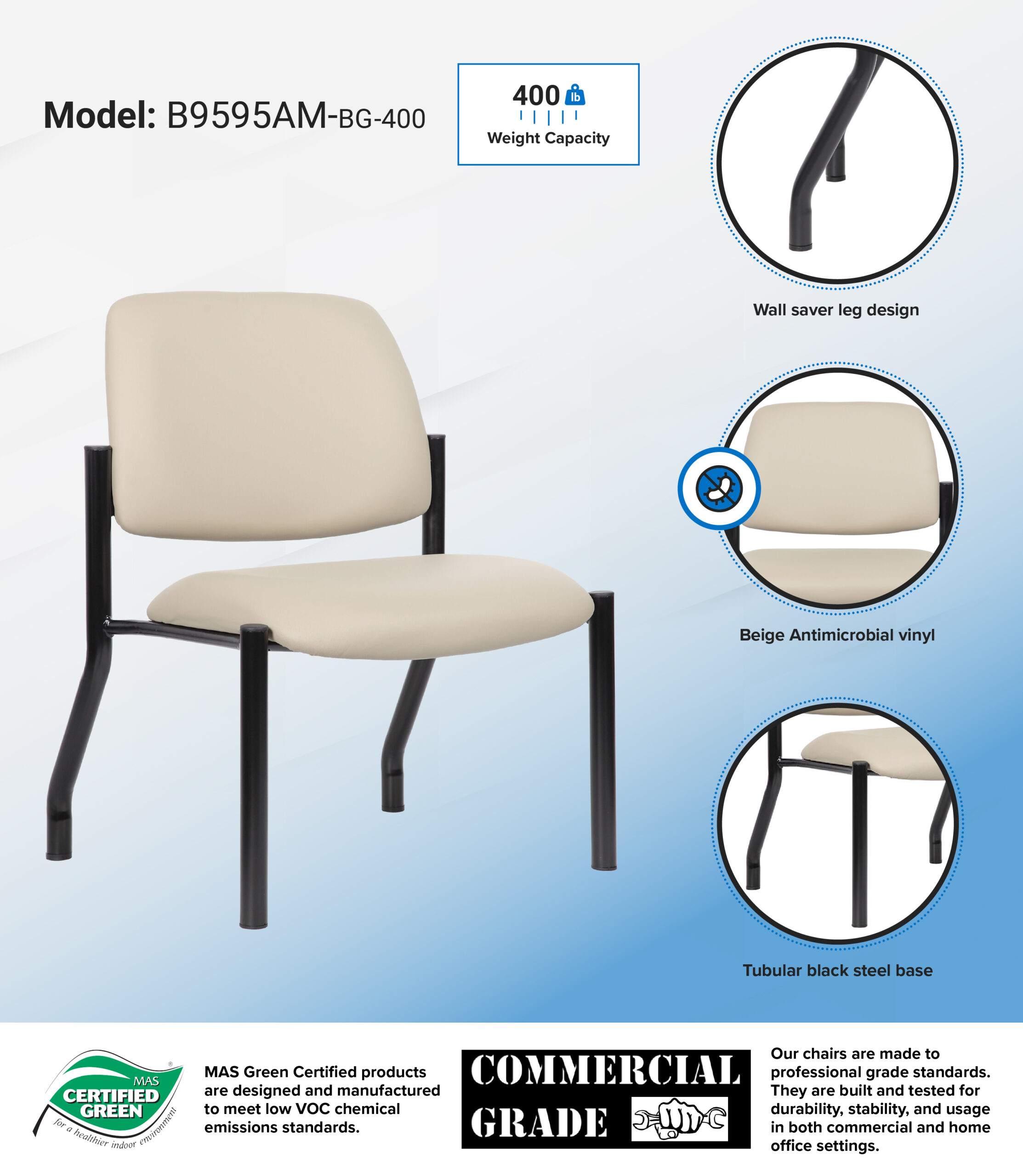 Boss Chair Mid Back Armless Guest Chair, 400 lb capacity, Antimicrobial Vinyl, Beige - Image 8