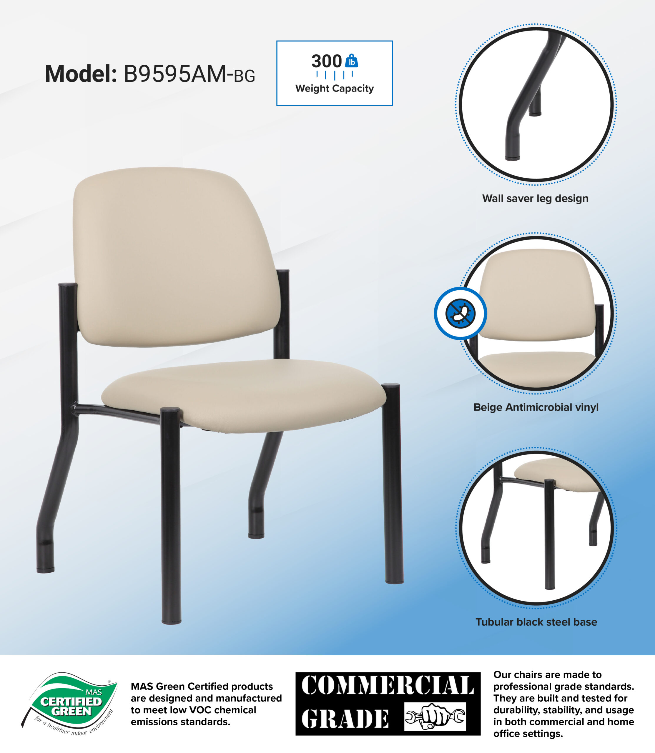 Boss Chair Mid Back Armless Guest Chair, 300 lb capacity, Antimicrobial Vinyl, Beige - Image 4
