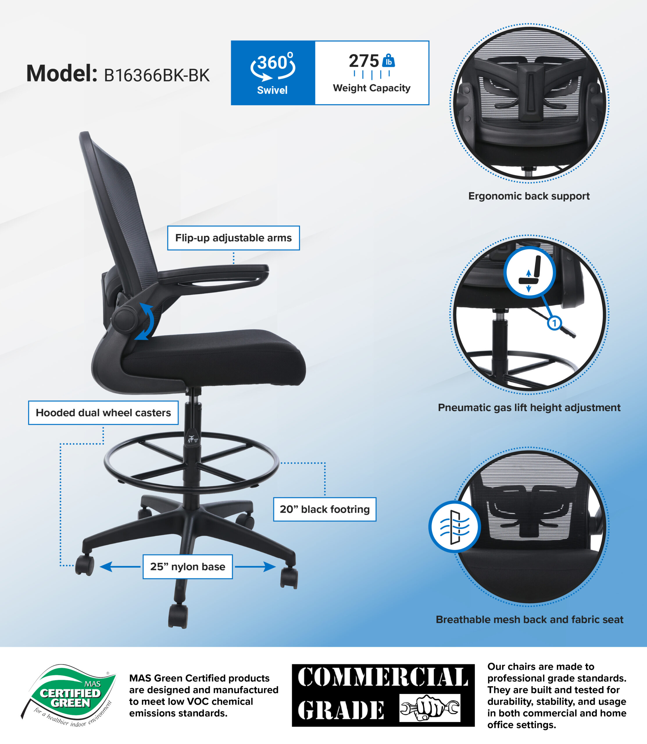 Boss Black Mesh, Flip Arm, Stool, Black Frame - Image 8