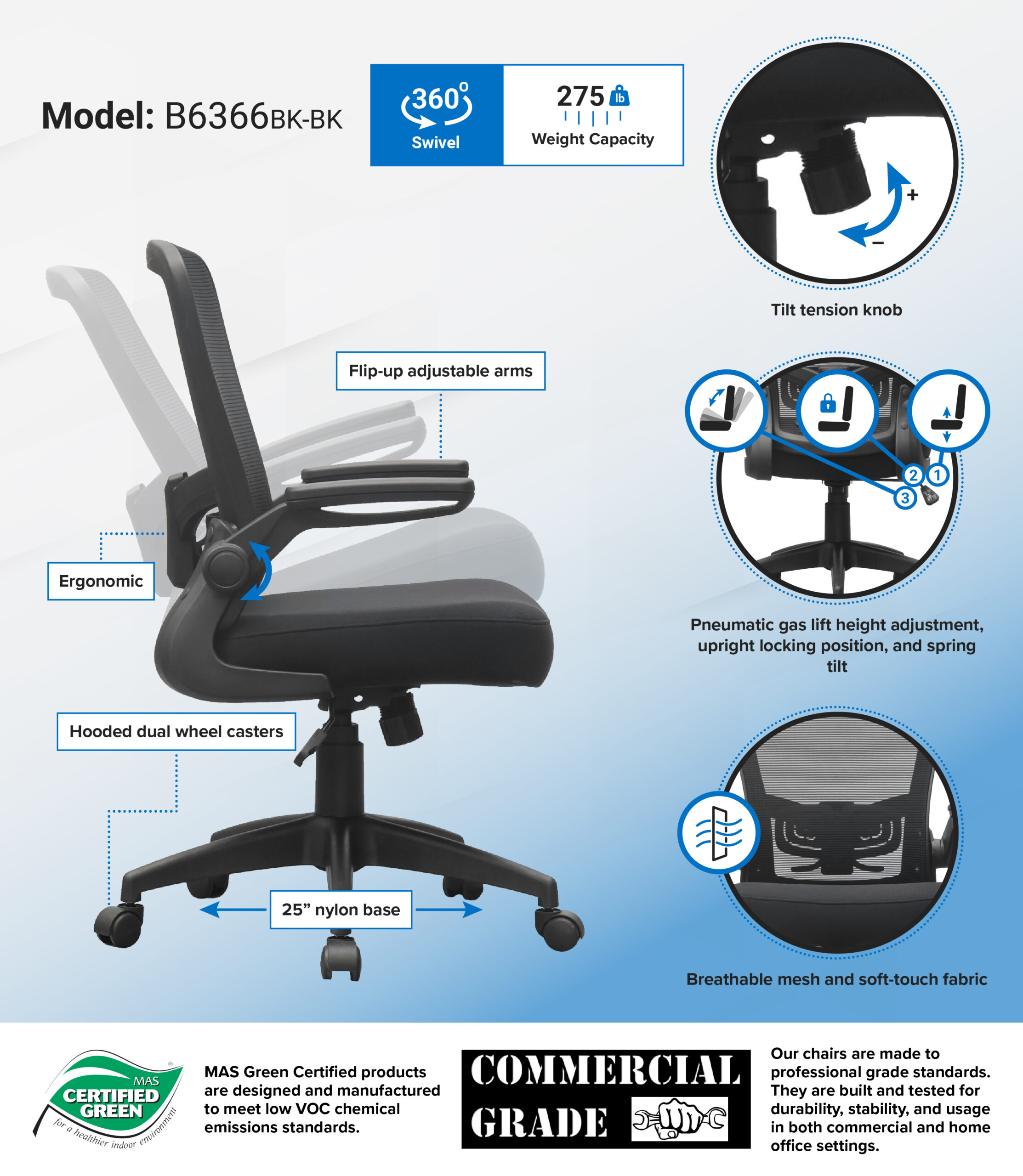 Boss Black Mesh, Flip Arm, Task Chair, Black Frame - Image 7