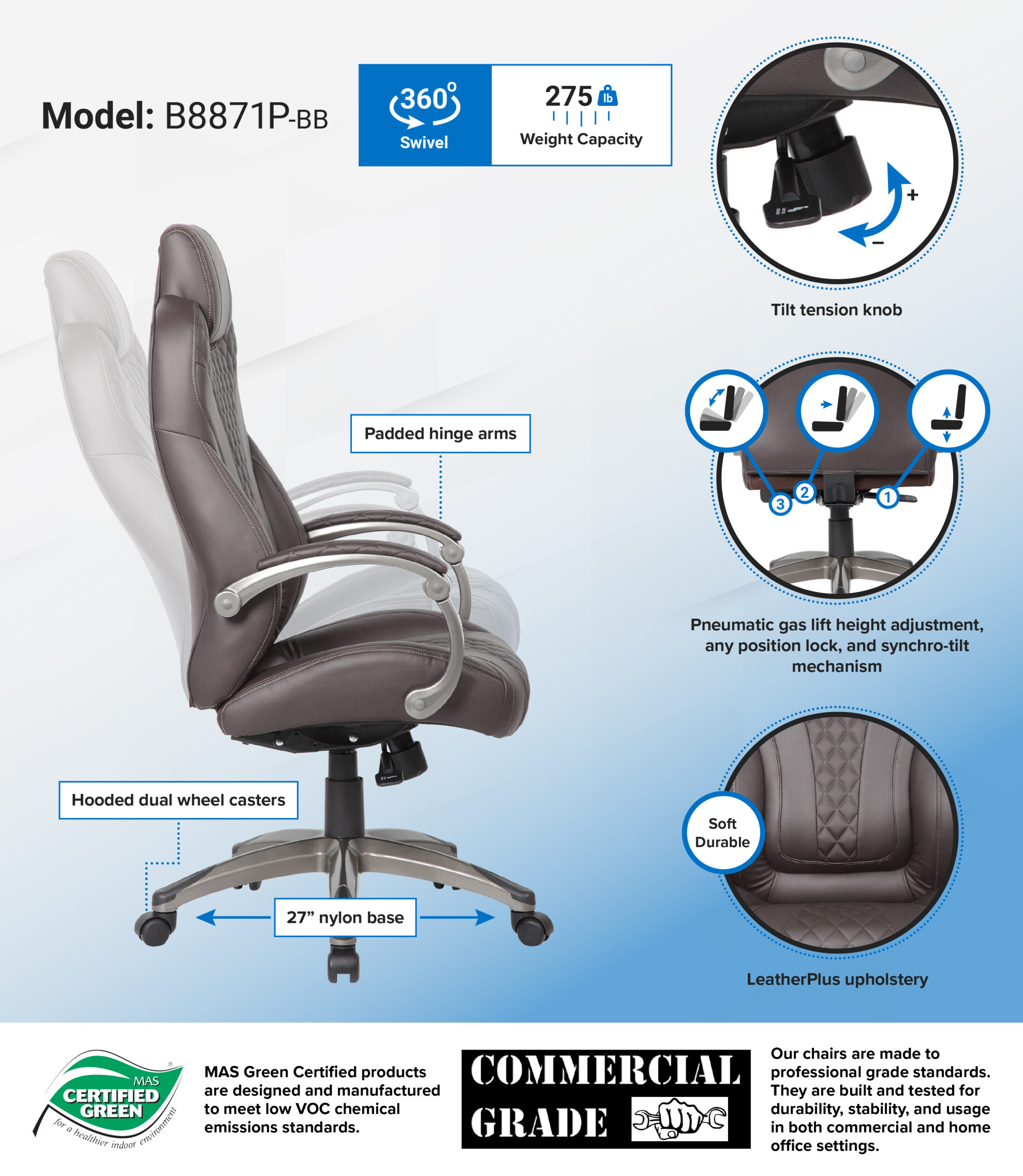 Boss Bentley Hinged Arm Executive Chair With Synchro-Tilt, Brown - Image 7