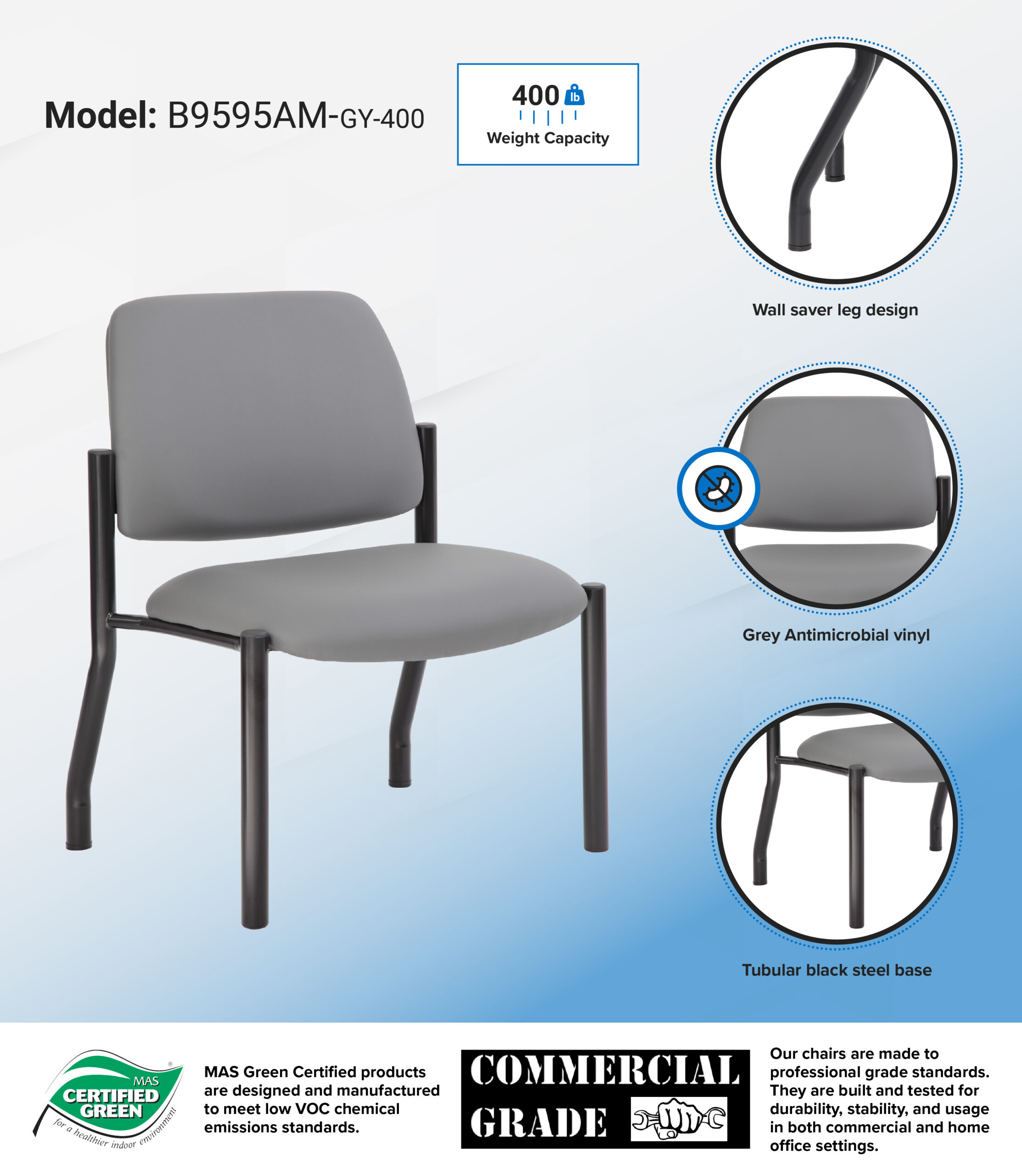 Boss Chair Mid Back Armless Guest Chair, 400 lb capacity, Antimicrobial Vinyl - Image 9