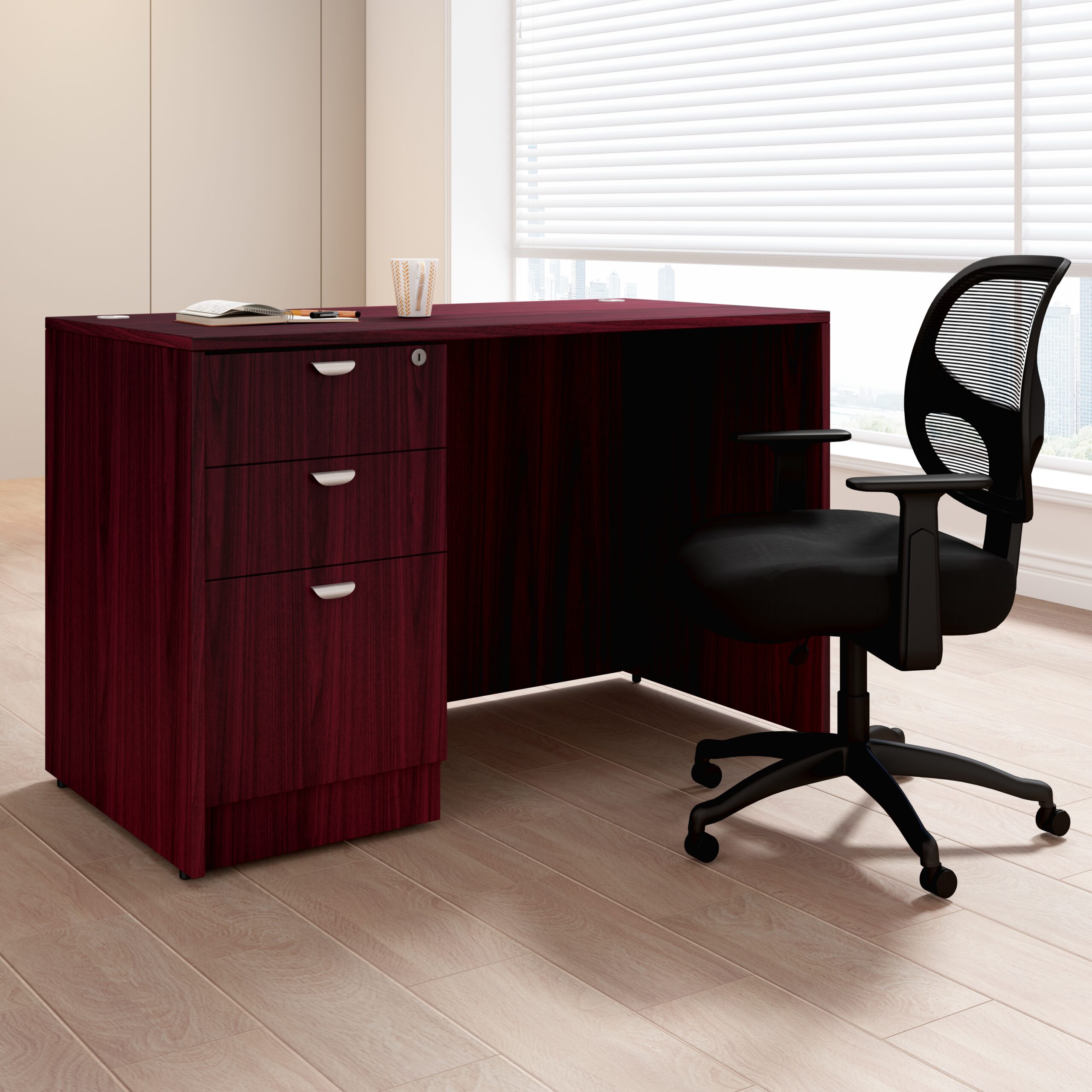 Boss 48" x 24" Desk w/ Box/Box/File Pedestal, Mahogany - Image 2
