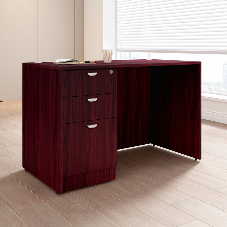 Boss 48" x 24" Desk w/ Box/Box/File Pedestal, Mahogany