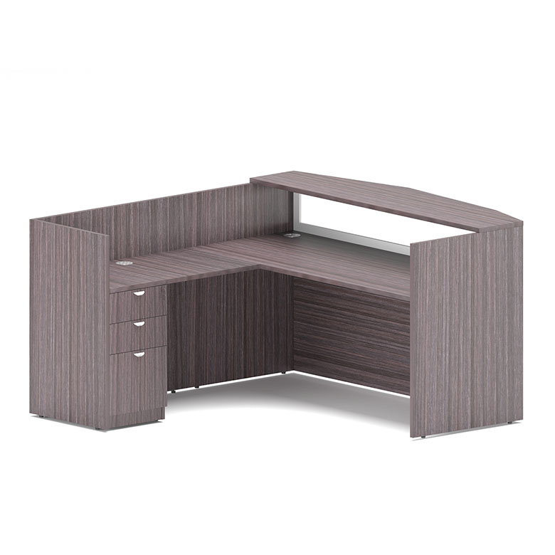Boss 71" Frosted Reception Desk with Reversible Return & B/B/F Pedestal, Driftwood