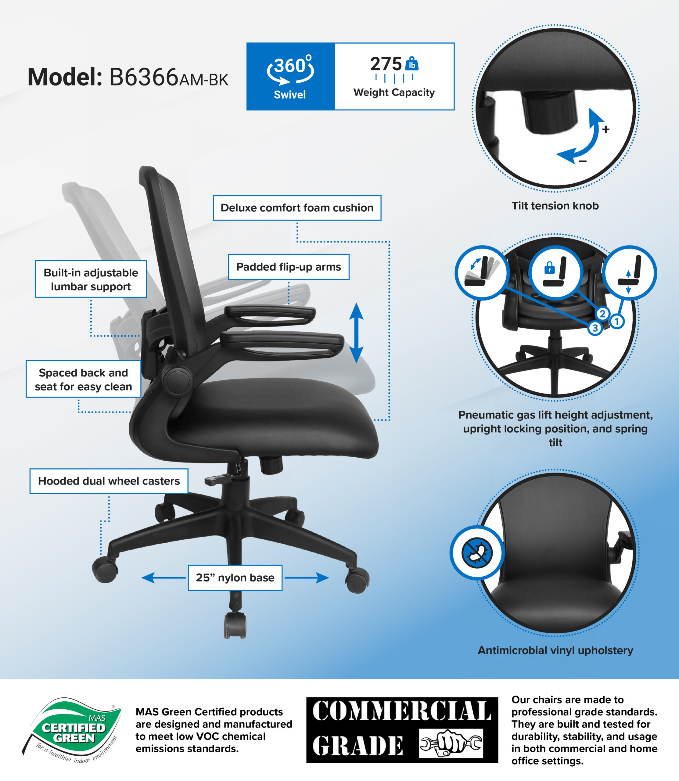 Boss Black Antimicrobial Vinyl Flip Arm, Task Chair, Black Frame - Image 7
