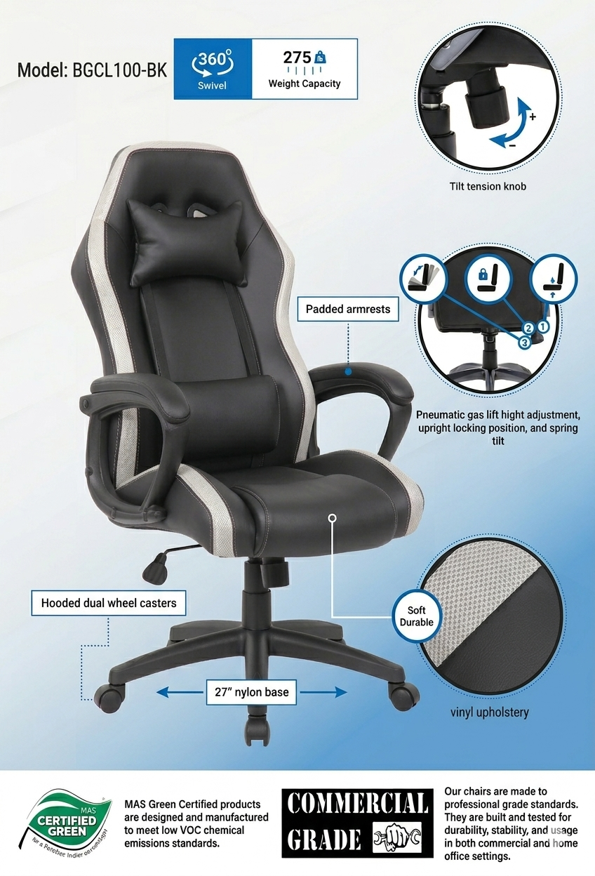 Boss LED High Back Gaming Chair, Black - Image 2
